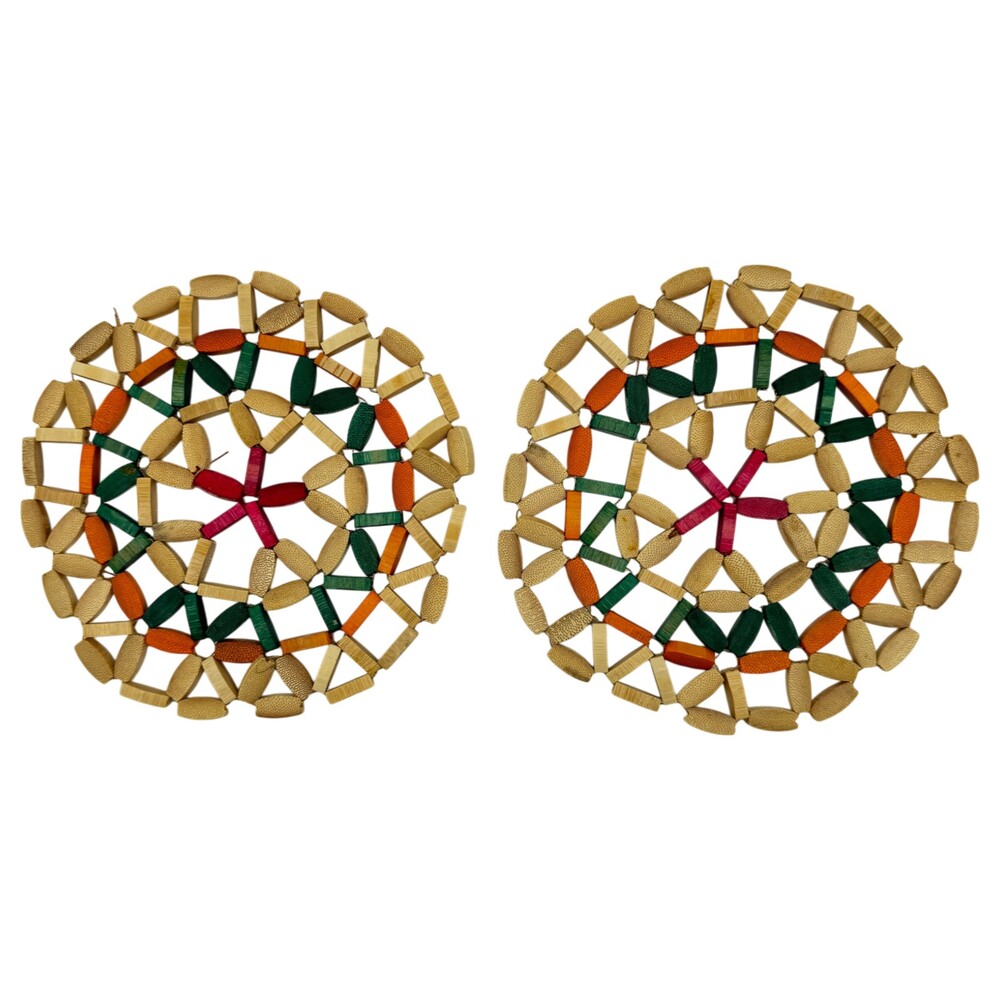 Bamboo Wood Beaded Trivet Hot Dish Pot Pan Plate Natural Retro 7” Round Pair